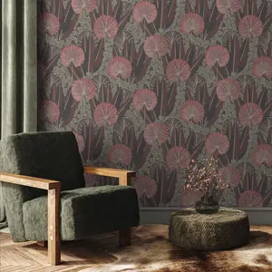 Grandeco Aperia Oriental Jungle Leaf Textured Wallpaper, Red Pink