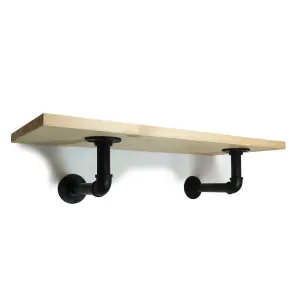 Solid Pine Rustical Shelf Primed Black Industrial Pipe Bracket 25x120cm