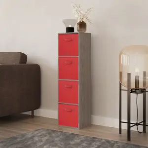 URBNLIVING 106cm Height Cedar Grey 4-Tier Cube Shelving Unit with Red Inserts