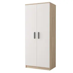 Smyk III 06 White Front Oak Sonoma Carcass Hinged Wardrobe 800mm H1930mm D500mm with Sophisticated Grey Handles