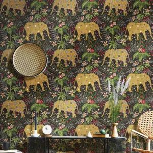 Galerie Into The Wild Metallic Black Floral Elephant Wallpaper Roll