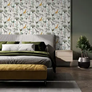 Arthouse Animals Jungle Wallpaper Elephant Palm Tree Green Grey Yellow Serengeti