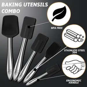 Gourmet Easy 5 Piece Silicone Spatula Set with Stainless Steel Handle - Black