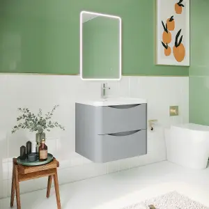 Wall Hung 2 Drawer Vanity Basin Unit with Polymarble Basin, 600mm - Satin Grey