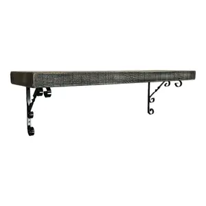 Solid Wood Handmade Rustical Shelf Monochrome 145mm 6 inch with Black Metal Bracket WO Length of 230cm