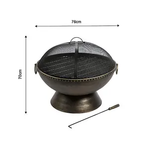 Teamson Home Outdoor Wood Burning Fire Pit, Round Bronze Metal Garden Heater, Log Burner, Includes Lid & Poker - 76 x 76 x 70 (cm)