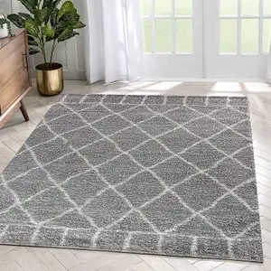 Modern Grey Geometric Marrakesh Shaggy Area Rug - 120x170 cm