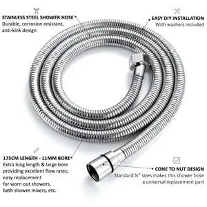 ENKI Chrome Flexi Stainless Steel Shower Hose Large Bore 1.75m