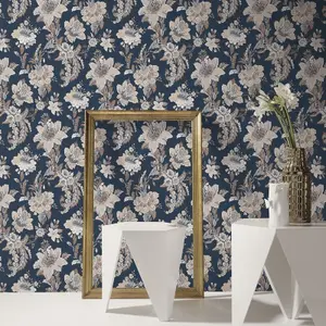 Abode Edward Floral Flowers Leaves Navy Blue Wallpaper