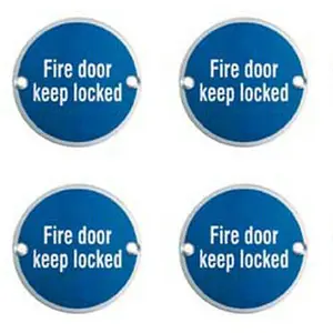 4x Fire Door Keep Locked Sign 64mm Fixing Centres 76mm Dia Satin Steel