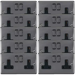 10 PACK 2 Gang Double UK Plug Socket BLACK NICKEL 13A Switched Power Outlet