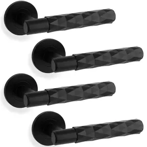 4 PACK - PAIR Diamond Lever on Round Rose Door Handle - Matt Black Concealed Screw