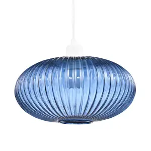 Modern Designer Navy Midnight Blue Line Ribbed Glass Oval Pendant Lamp Shade