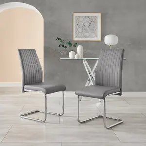 Set of 2 Lorenzo Elephant Grey High Back Stitched Soft Touch Faux Leather Chromed Cantilever Metal Leg Dining Chairs