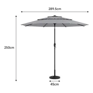 3-Tier Grey Umbrella with Solar Lights and Black Concrete-Filled Patio Umbrella Stand