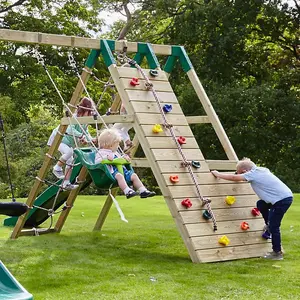 Rebo Wooden Climbing Frame with Swings, 6+8FT Slides & Climbing Wall - Hayes