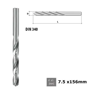 Quality Drill Bit For Metal - Polished HSS DIN 340 Silver - Diameter 7.5mm - Length 156mm