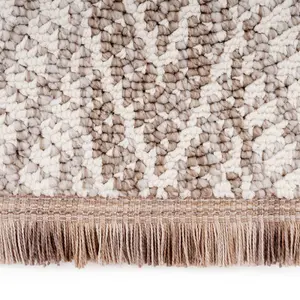 Neutral Beige Brown Herringbone Scandi Fringed Area Rug 200cm x 290cm