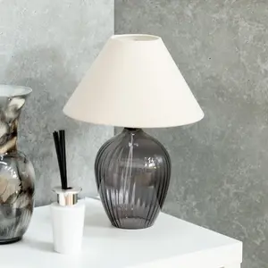 ValueLights Olivet Pair of Grey Glass Table Lamps with Fabric Tapered Lampshade Bedside Light - Bulbs Included