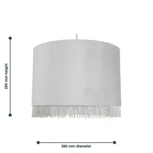 First Choice Lighting Set of 2 Fringed Silvery Grey 38cm Fringed Velvet Pendant Shades