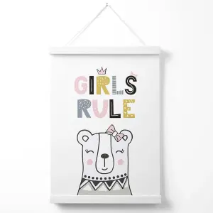 Cute Girls Rule Bear Scandi Quote Poster with Hanger / 33cm / White