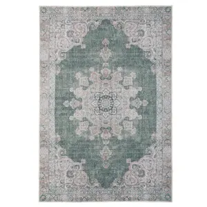 Green Vintage Medallion Anti Slip Washable Rug 120x170cm