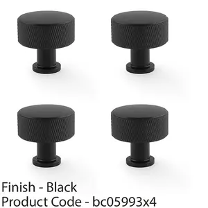 4 PACK - Round Knurled Door Knob - 35mm Diameter Matt Black Radio Cupboard Pull Handle