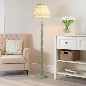 ValueLights Bobbles Sage Green Bobbin Floor Lamp with Pink Aztec Pleated Shade