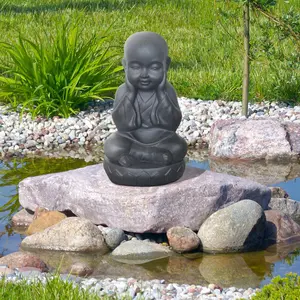 Buddha Statue Indoor and Outdoor, Grey Stone Effect Feng Shui Ornament, Buddha Baby Monk Figurine L20 W17 H35 cm