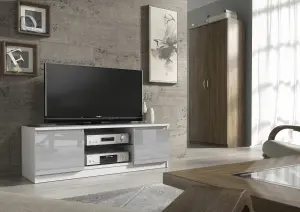 TV Unit 120cm Modern White with High Gloss Grey Doors - Creative Furniture