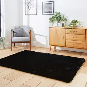 Black Shaggy Modern Plain Machine Made Rug for Living Room and Bedroom-60cm X 120cm