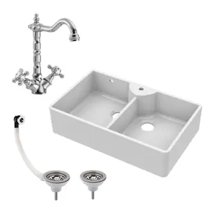 895mm - Double Bowl Fireclay Butler Kitchen Sink - Overflow, Classic Tap  & Wastes