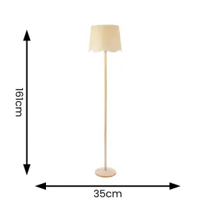 ValueLights Triston Natural Light Wood Stem Floor Lamp with Scallop White Trim Tapered Shade and LED Bulb