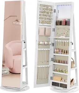 SONGMICS Frameless Full-Length Mirror Jewellery Cabinet, Swivel Organiser with LEDs, Free-Standing, White Surface, Greige Lining