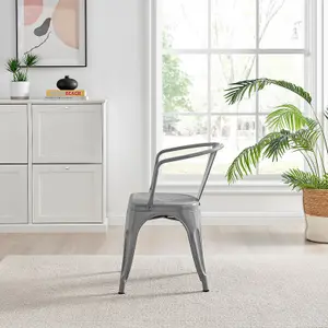 Furniturebox Set of 2 Grey Colton Tolix Style Stackable Industrial Metal Dining Chair with Arms