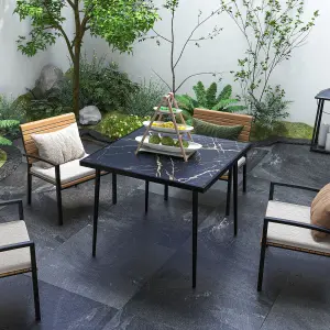 Outsunny Outdoor Dining Table for 4 with Marble Effect Tempered Glass Top Black