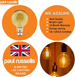 paul russells LED Filament G80 Bulb, 4W 380 Lumens, 35w Equivalent, 2200K Amber, Pack of 10