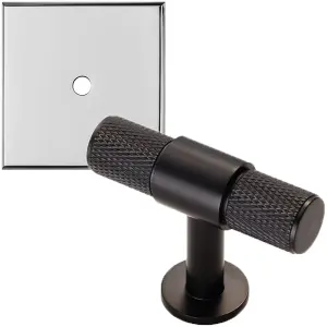 Cabinet Door Knob & Contrasting Backplate Set - Knurled T Bar Pull - Matt Black & Chrome