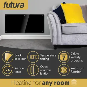 Futura Electric Panel Heater 2000W Black Wall Mounted & Free Standing Glass Timer Thermostat Control Lot 20