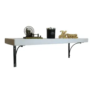 Solid Wood Handmade Rustical Shelf White 175mm 7 inch with Black Metal Bracket BOW Length of 80cm