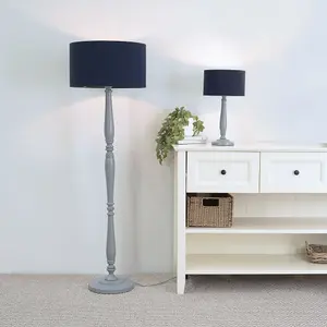 ValueLights Victoria Traditional Grey Wood Candlestick Floor Lamp with Navy Blue Drum Shade