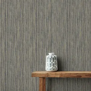 Japandi Grasscloth Charcoal Gold Wallpaper