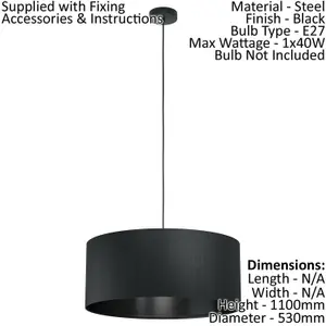 Pendant Ceiling Light Colour Black Shade Large Round Black Fabric Bulb E27 1x40W