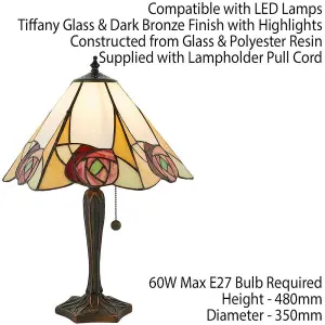 Tiffany Glass Table Lamp Light Dark Bronze & Art Deco Red Rose Shade i00206