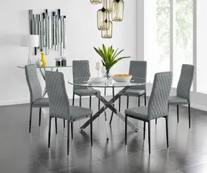 Furniturebox UK Novara 120cm Round Dining Table and 6 Grey Velvet Milan Black Leg Chairs