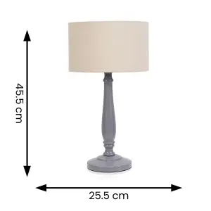 ValueLights Victoria Traditional Grey Wood Candlestick Table Lamp with Natural Drum Shade - LED Bulb Included