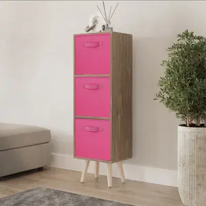 URBNLIVING 100cm Height Oak 3-Tier 3-Drawer Dark Pink Cube Shelving Unit with Scandinavian Pine Legs