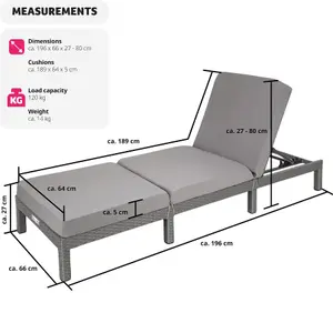 Sun Lounger Sofia - 6-step adjustable backrest, thick padding, UV-resistant - grey