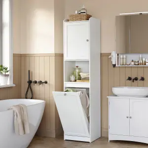 VASAGLE Tall Bathroom Cabinet with Laundry Basket, Storage Unit, Removable Laundry Basket with Handles, Cloud White