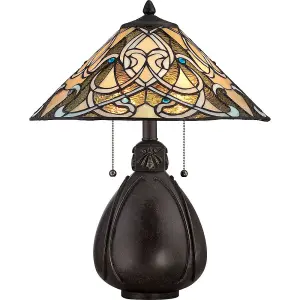 2 Bulb Twin Table Lamp Tiffany Glass Bulbous Base Imperial Bronze LED E27 75W